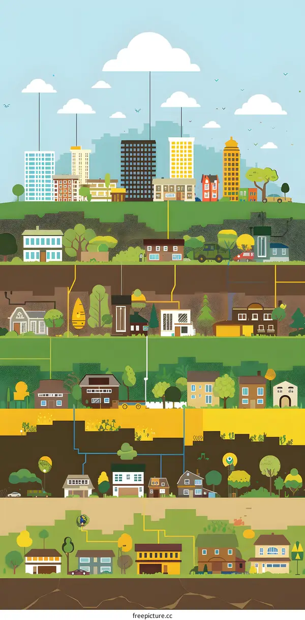 Cityscape Illustration with Underground Pipes and Wires