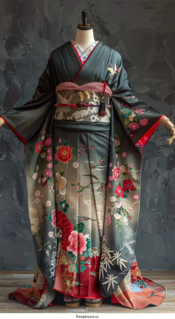 A kimono with a pattern of flowers and birds