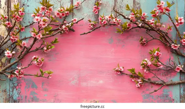 Pink Cherry Blossom Branches on a Painted Wooden Background