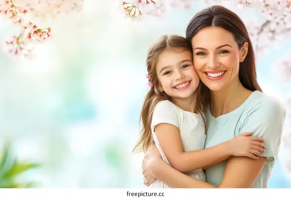 Mother and Daughter Embrace in Springtime