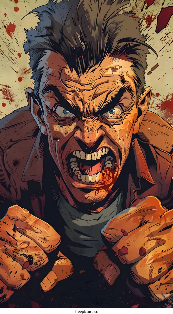 A man with a bloody face and clenched fists