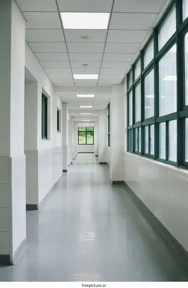 Long School Corridor with Bright Windows and White Walls
