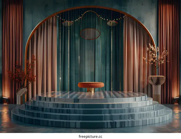 Abstract Interior Design With Round Stage and Curtains