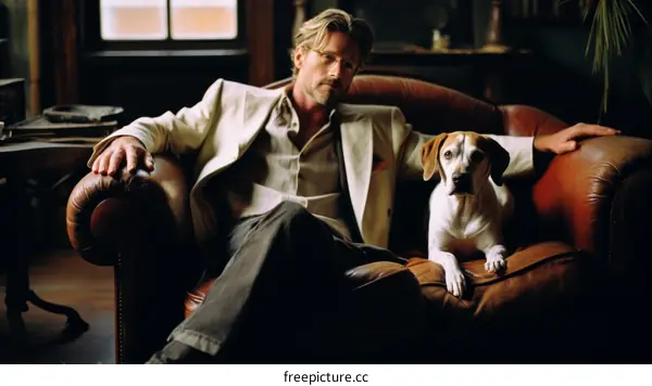 man and dog sitting on a couch