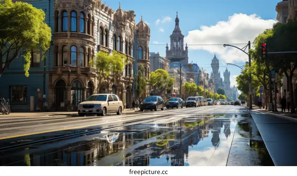 City street with colorful buildings and cars parked on the side of the road