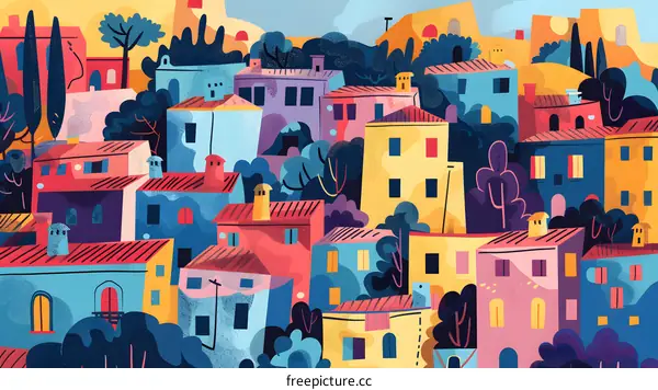 Colorful Illustration of a European Village