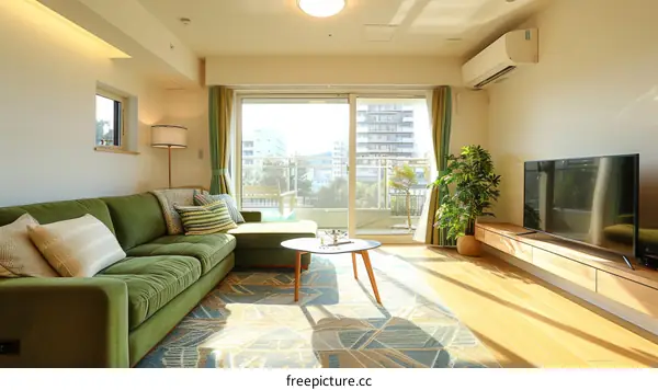 Bright and airy living room with a large green sofa