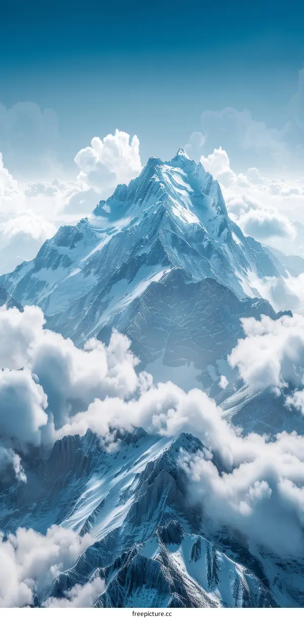 A majestic snow-capped mountain peak towering above the clouds