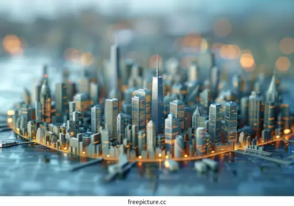 A Miniature Model of a City with Lit-Up Buildings