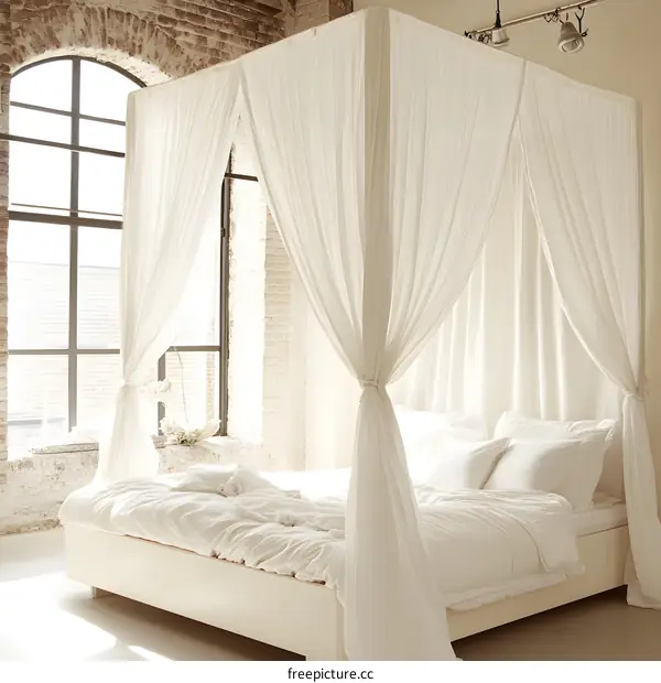 White Canopy Bed In Modern Bedroom With Brick Wall