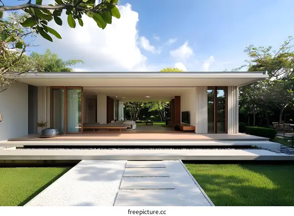 Modern Minimalist House with Open Concept Living Area and Stone Pathway
