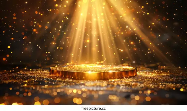 Golden glittering particles and lights background with empty stage pedestal
