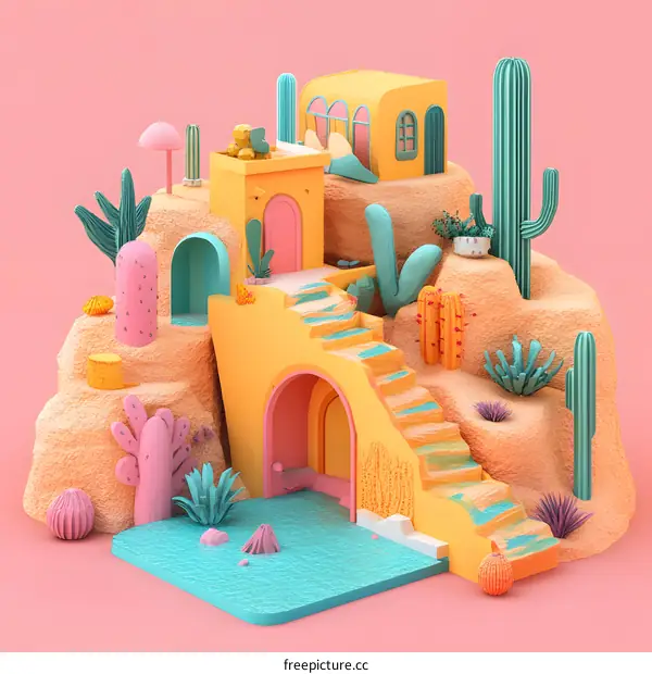 Colorful Desert House with Stairs and Cactus