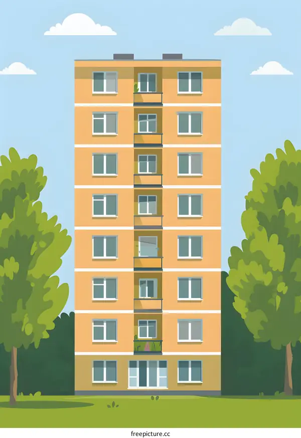 Yellow Apartment Building with Green Trees