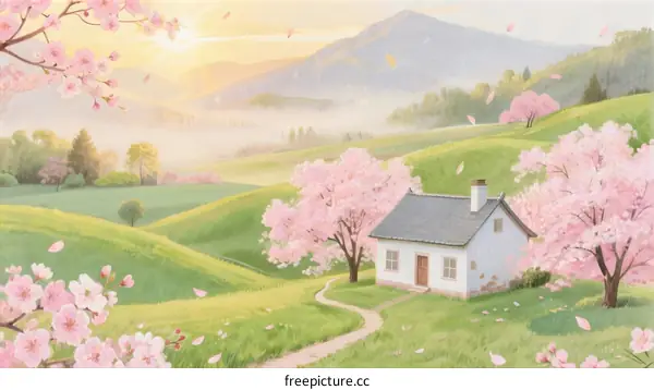 Beautiful Spring Landscape with Cherry Blossom Trees and a Small Cottage