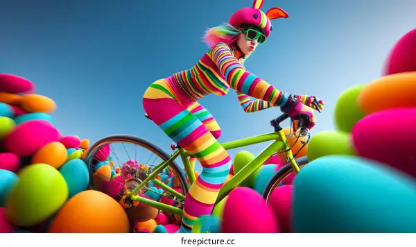 Colorful Woman Cycling Through Colorful Easter Eggs