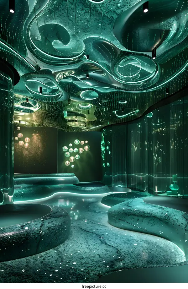 Abstract Green Interior Design With Curved Walls And Ceiling