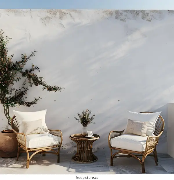 Minimalist Patio With Rattan Chairs And White Wall