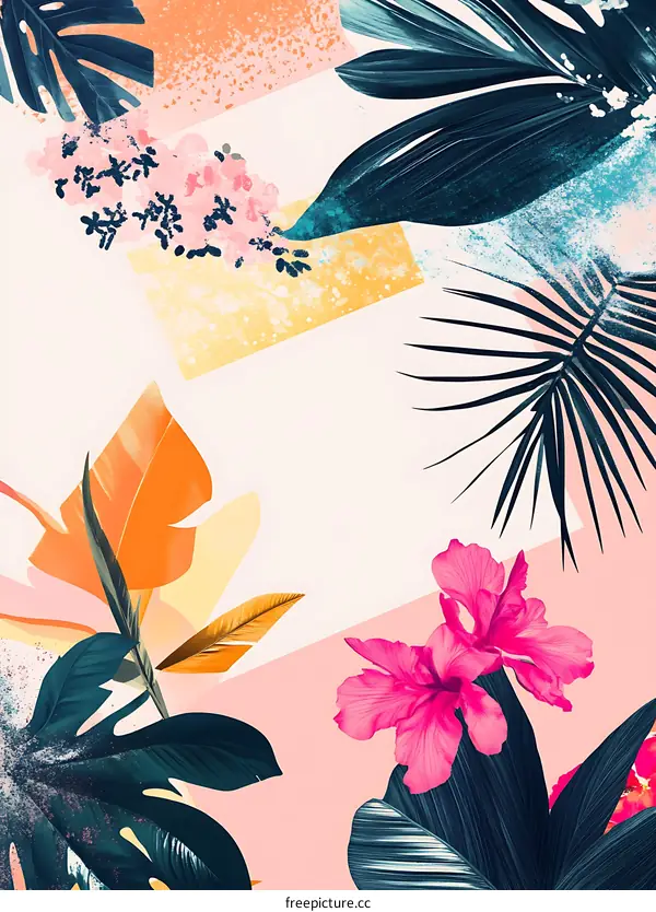 Tropical Floral Pattern with Leaves and Pink Flowers