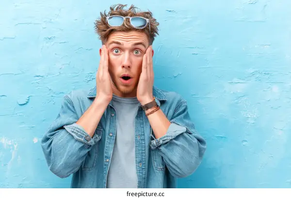 Surprised Caucasian Man Portrait Against Light Blue Background