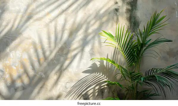 Sunlight shining through a tropical palm tree onto a concrete wall