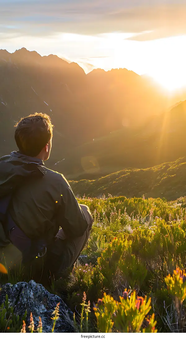 Man Sitting on a Mountaintop Watching the Sunset