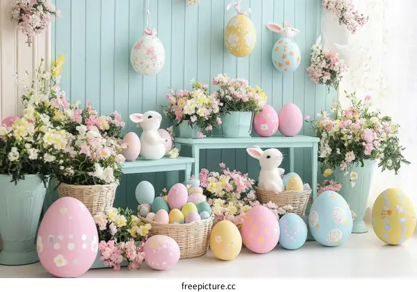 Pastel Easter Decor with Colorful Eggs and Flowers