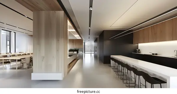 Modern Minimalist Interior Design with Wooden Wall and White Kitchen Counter