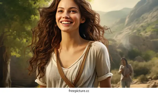 A young woman with long brown hair smiles as she walks through a forest