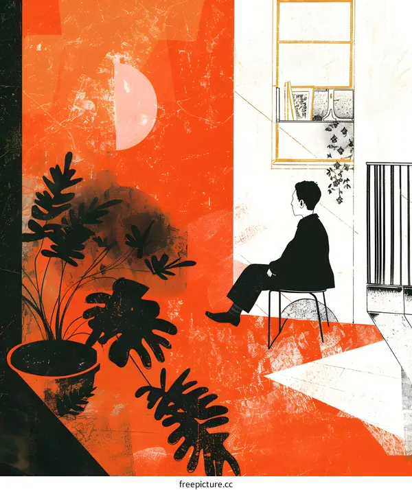 Man Sitting In A Room With A Plant And A Window