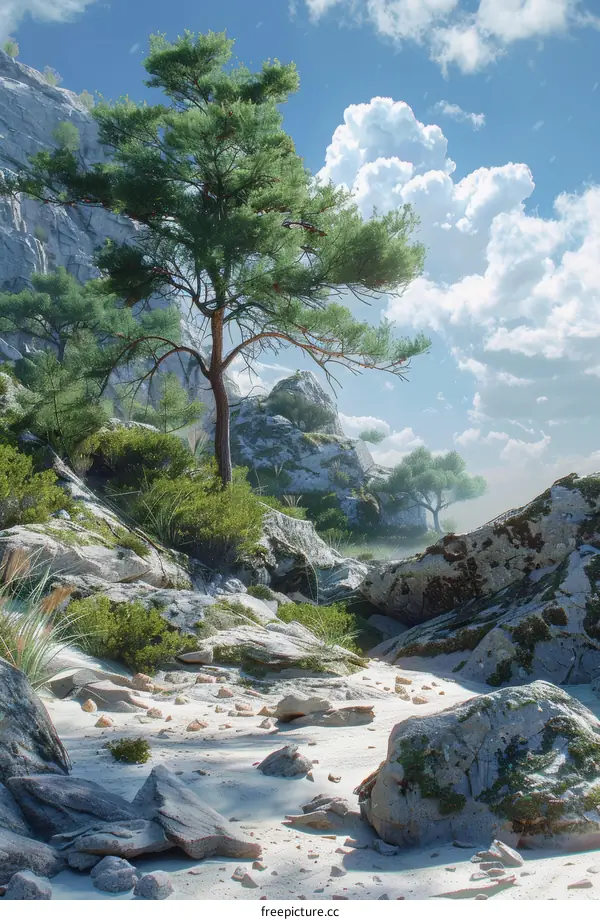 Rocky Beach with Green Pine Trees and Blue Skies