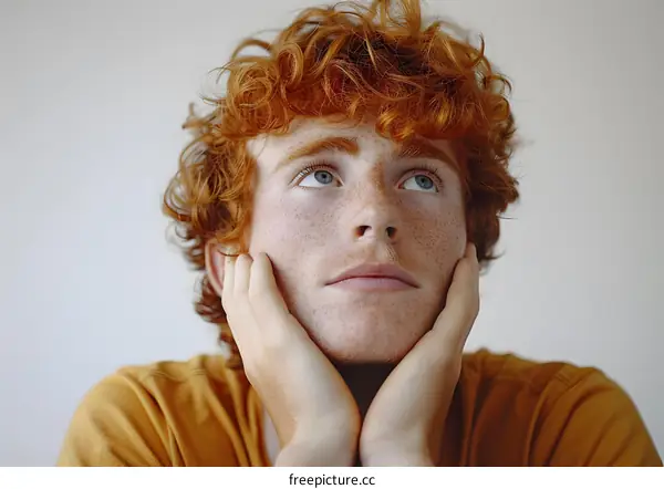 Young Man with Red Hair Looking Up