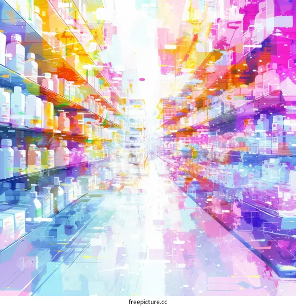 An illustration of a grocery store with bright, colorful lights.