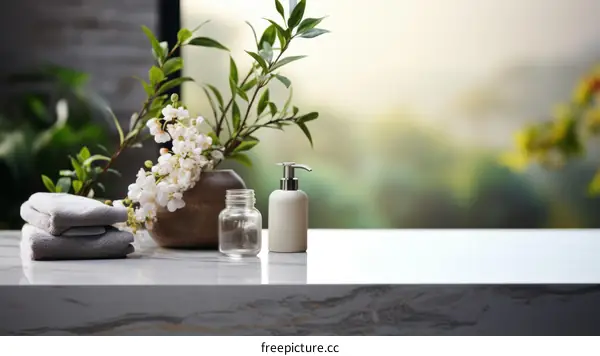 Luxury Bathroom with White Ceramic Soap Dispenser and Towels on Marble
