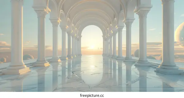 Futuristic Cityscape with Marble Floor and Columns