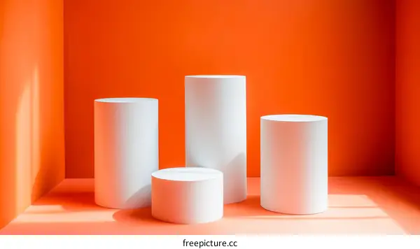 White Cylindrical Display Stands Against Orange Background