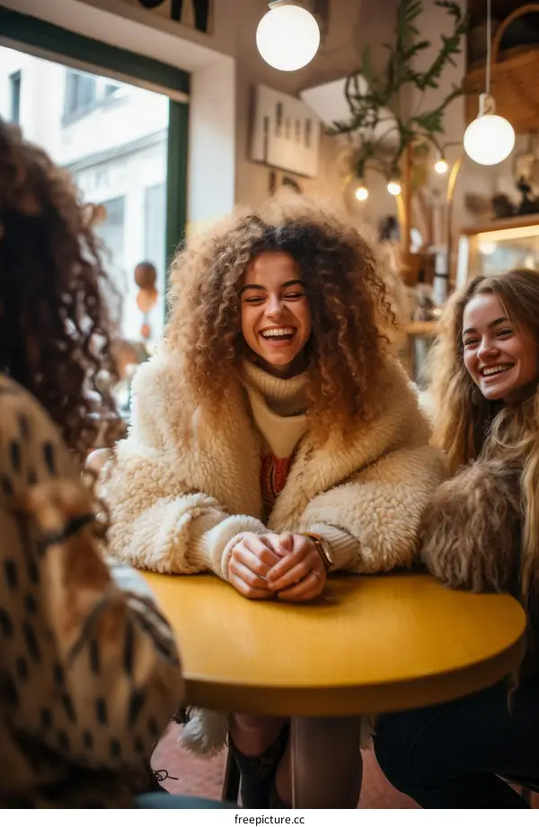 Three young women are sitting around a table in a cafe laughing