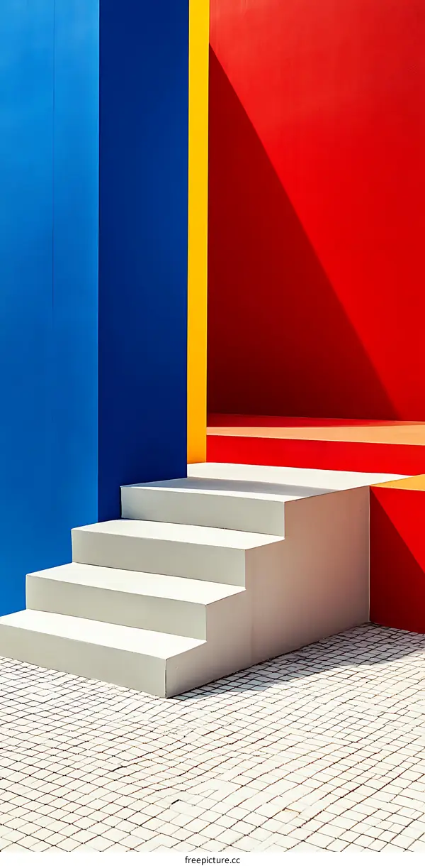 Abstract Minimalist Architecture with White Steps and Red Blue Yellow Walls