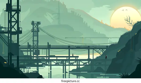 Sunset Over Industrial Landscape with Two Figures