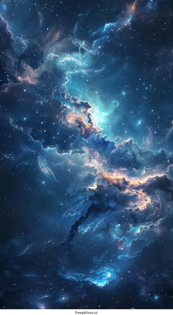 Interstellar space cloudscape with bright glowing nebulae and stars