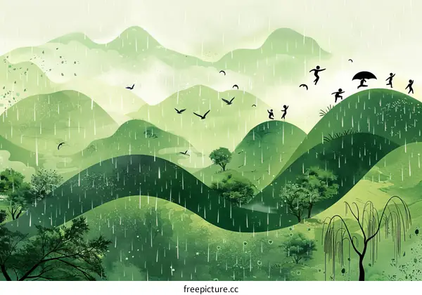 Children playing in the rain in the green hills