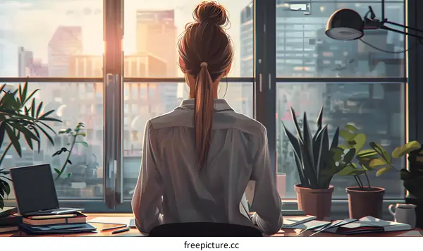 Woman Sitting at Desk Looking Out Window at Cityscape