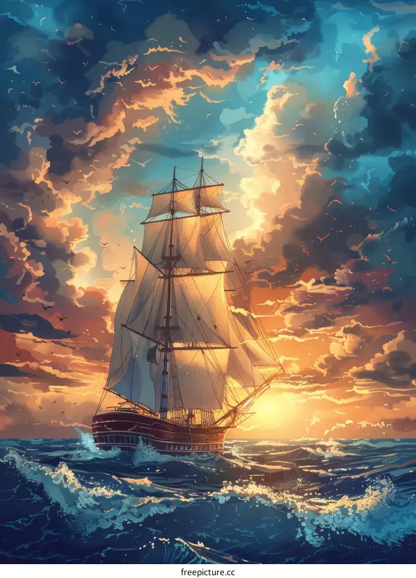 Sailing Vessel on the Ocean at Sunset