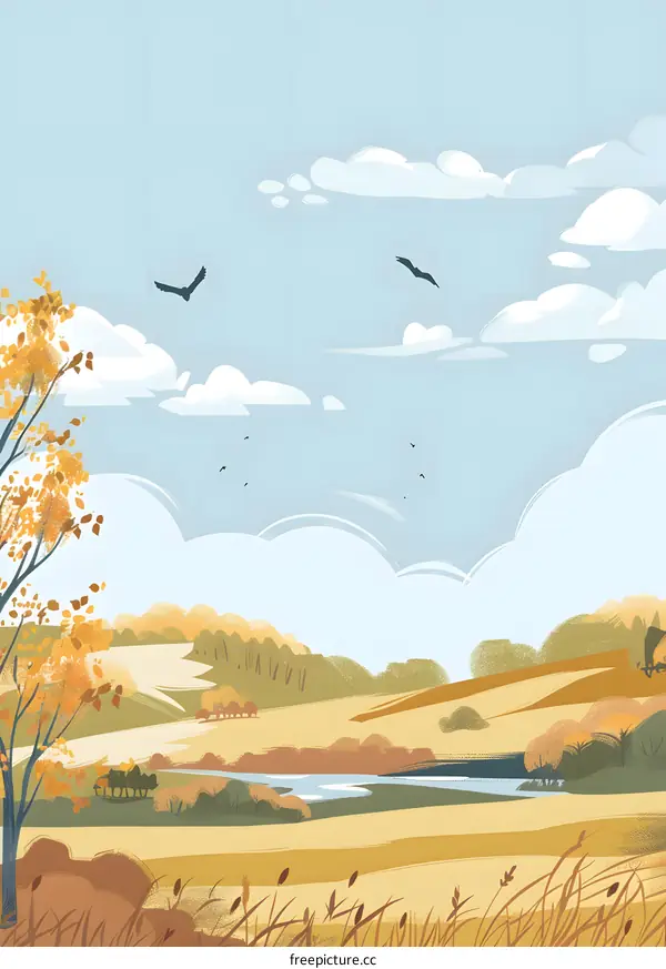 Autumn Landscape with Lake and Birds Flying
