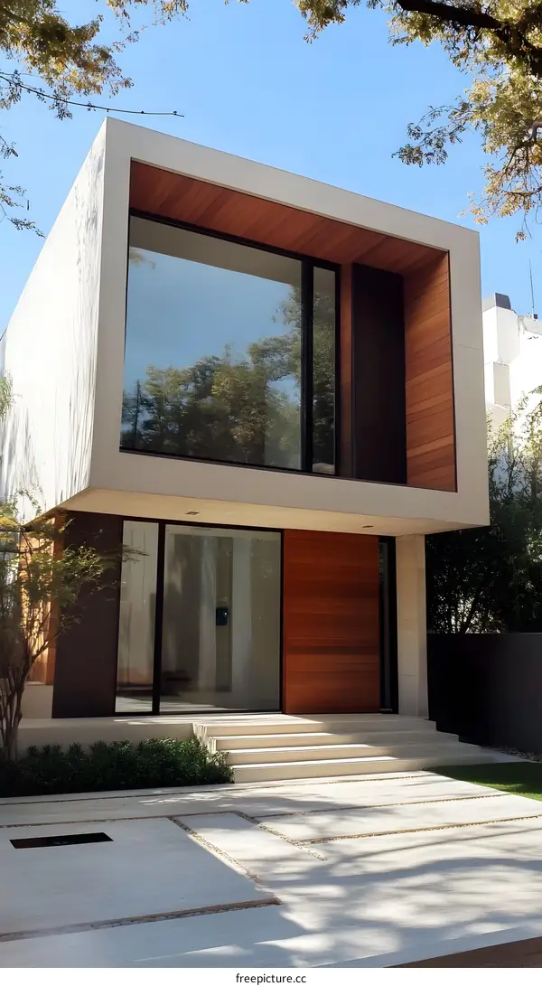 Modern House with Wooden Facade and Large Windows