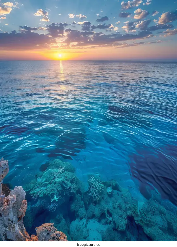 Sunrise over Vibrant Coral Reef in Tropical Ocean