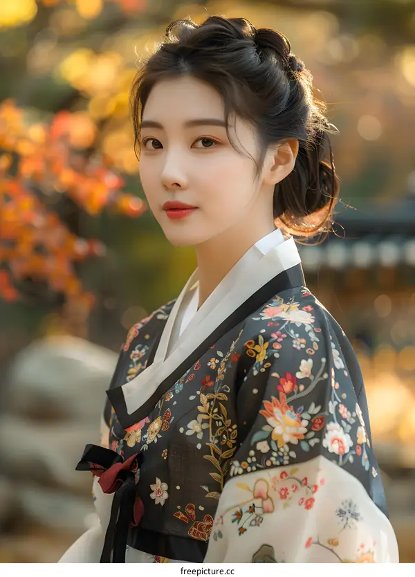 Korean Woman in Traditional Hanbok Dress Posing in Garden