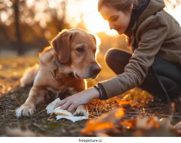 Young woman with her golden retriever dog in the park