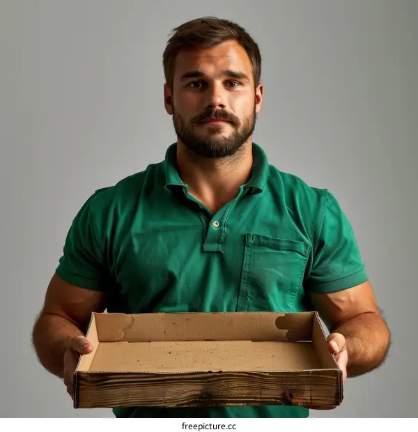 A man with a beard is holding an empty pizza box.