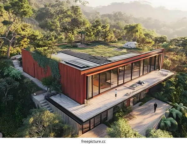 Modern House with Green Roof in a Forest